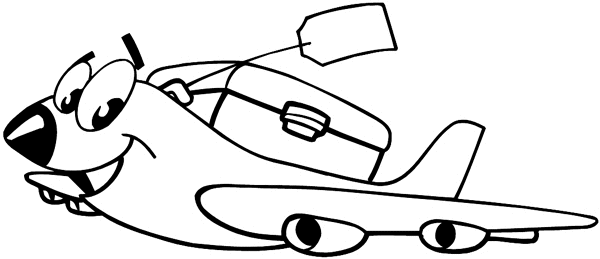 Smiling airplane with luggage on top vinyl sticker. Customize on line. Vacations Trips Attractions 051-0258